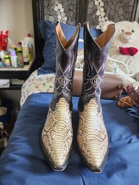 HORSAG Authentic Mexican Exotic Python Western Boots - Tan & Black